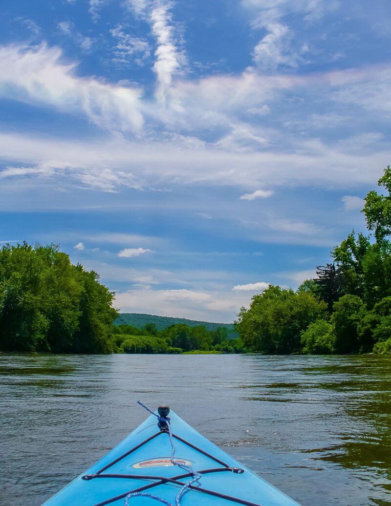 Front of kayak travelling down the Delaware River